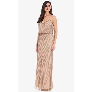 Adrianna Papell Beaded Blouson Trumped Gown Dress Size 12 Taupe Pink Formal NWT